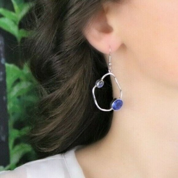 Sterling Silver Blue CZ and Moonstone Earrings Dangle Drop Earrings - Picture 2 of 7